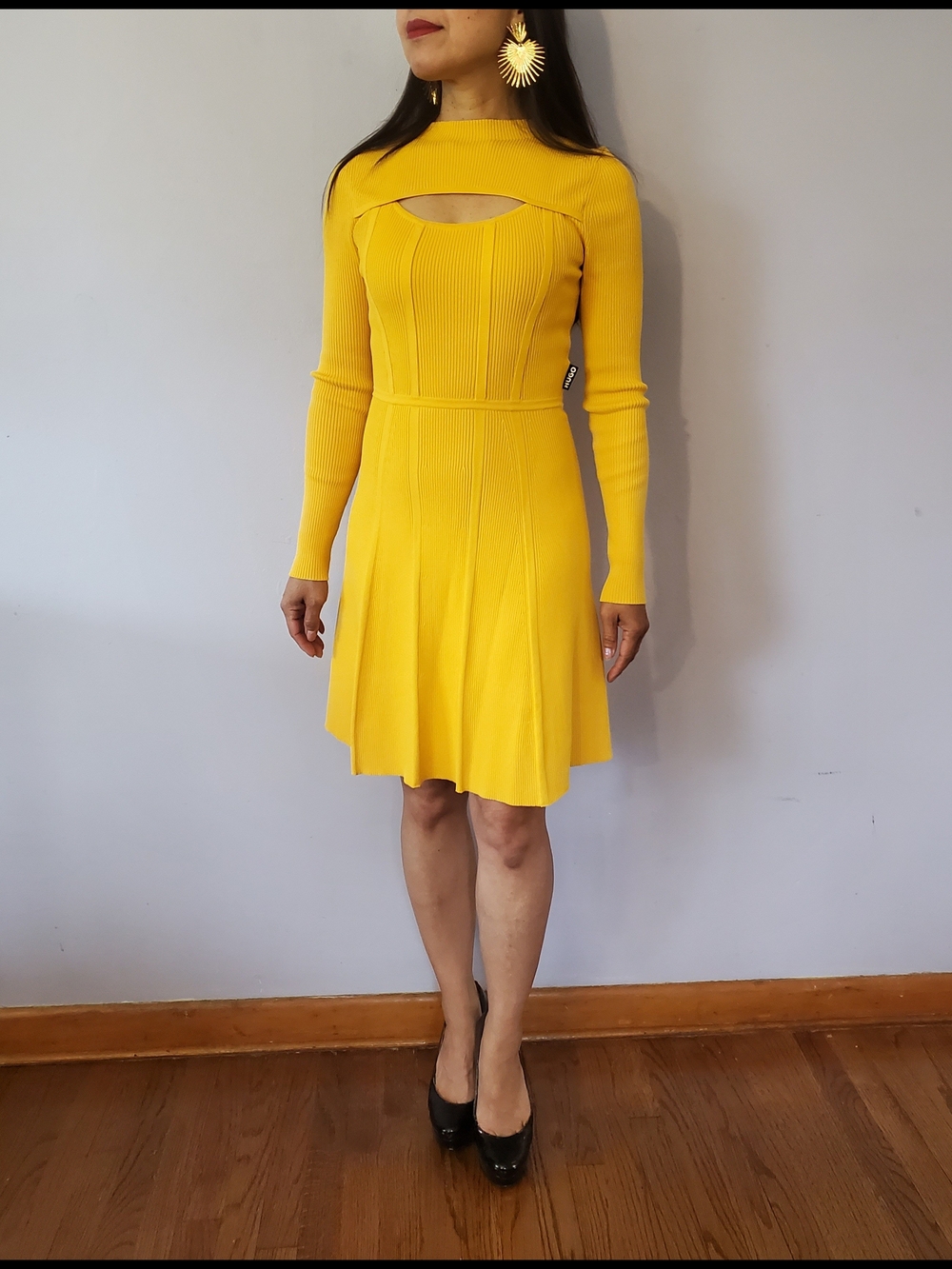 HUGO Yellow Long Sleeve Cutout Fit-and-Flare Dress